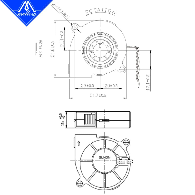 3Dプリンター向け SUNON (Mellowカスタム品)5015 ブロワーファン 24V 0.41A MF50152VX-1L02C-A99 6,000RPM パーツクーリングファン向け