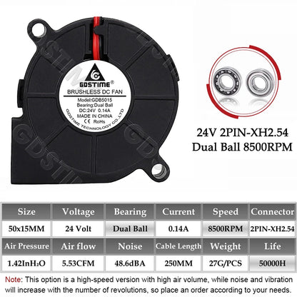 3Dプリンター向け GDSTIME 5015ブロワーファン 24V 50MMx15MM 8,500RPM